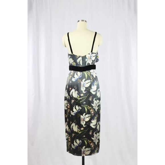 CINQ A SEPT Leena Floral Silk Charmeuse Ruffle Velvet Midi Sheath Dress, Size 2 - Picture 7 of 16